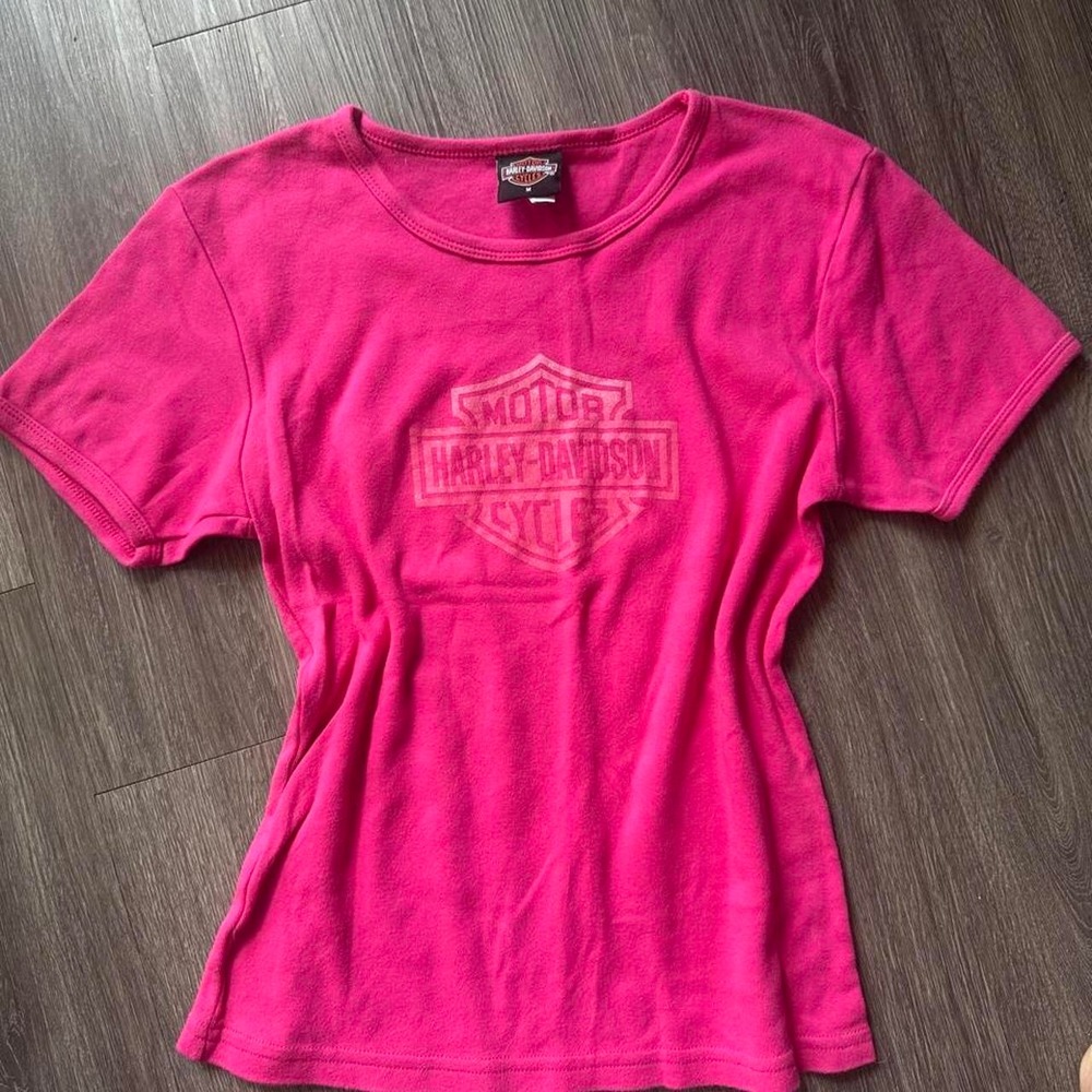 Pink Harley Davidson baby tee with logo, size M